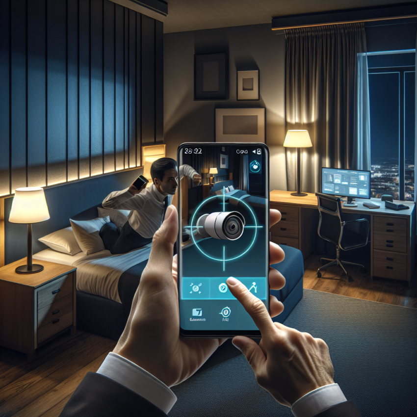 "Person holding a smartphone with a detection app open, scanning a hotel room for hidden cameras, demonstrating methods to enhance privacy and safety while traveling."